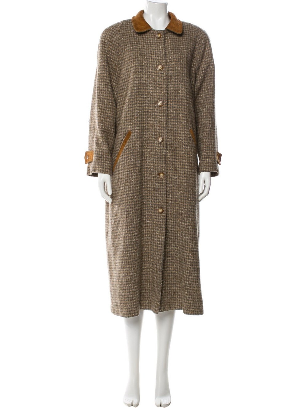 L.L. Bean 80s Vintage USA Long Coat Wool Overcoat Suede Collar Brown Grey M